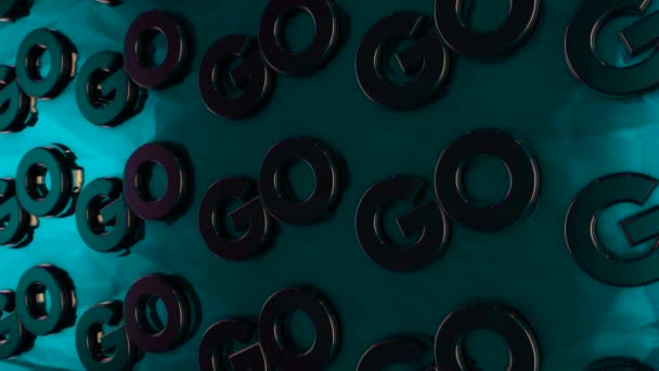 Abstract animation of threedimensional chrome logotypes "Go" placing on glossy turquoise surface. Animation. Motivation and logos concept — Stok video