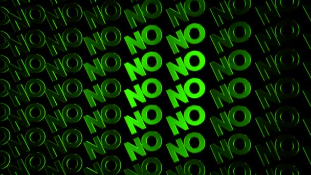 ロットグリーンクロームの抽象的なアニメーション暗い背景の上を移動する単語「いいえ」のロゴタイプ。アニメーション。禁止の概念 — ストック動画