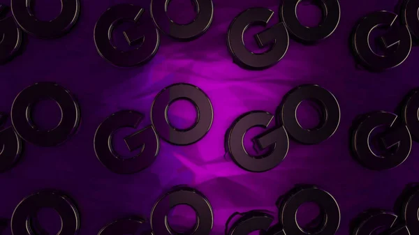 Animación abstracta de tres logotipos cromados menstruales "Go" colocando sobre la superficie púrpura brillante. Animación. Concepto de motivación y logotipos — Foto de Stock