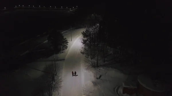 La avenida del parque de la ciudad por la noche en una niebla de invierno con gente caminando. Clip. Aérea para el paisaje nocturno en el parque de la ciudad de invierno y camino vacío iluminado en la oscuridad . — Foto de Stock