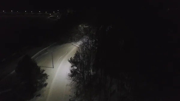 Il viale del parco cittadino di notte in una nebbia invernale con le persone a piedi. Clip. Aereo per il paesaggio notturno nel parco cittadino invernale e strada vuota illuminata al buio . — Foto Stock