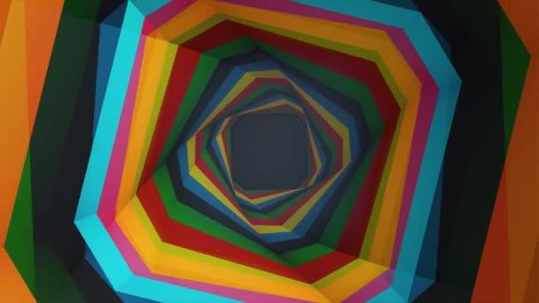 Flying through geometric hypnotic tunnel with black, brown, orange stripes, seamless loop. Animation. Beautiful rotating vortex with colorful squares. — Stock Video