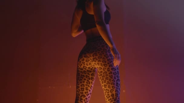 Rear view of beautiful model posing in sports leggings. Action. Beautiful model in sports leggings illuminated by neon light — Stock Video