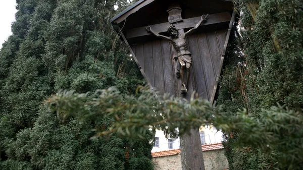 Repère en bois avec Christ crucifié sur la croix. L'art. Vue du monument en bois de Jésus-Christ crucifié debout entre les arbres verts denses et les buissons — Photo