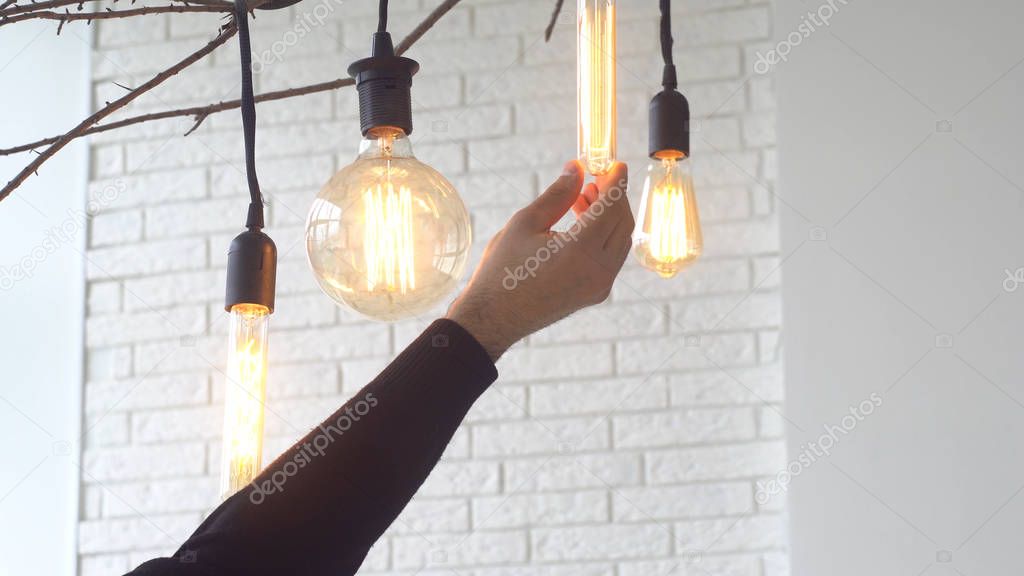 Vintage hanging lamps on white background of wall. Media. Glowing vintage light bulbs of different shapes hang on branch in interior with white brick wall