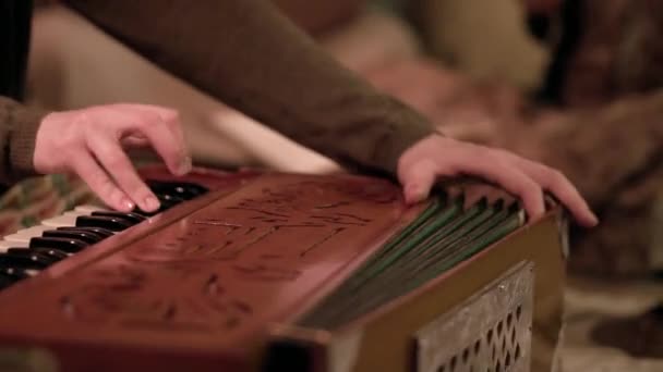 Close-up detail van handen spelen accordeon instrument. Clip. Detail van de vingers spelen de accordeon met knoppen. Spelen klassieke accordeon close-up — Stockvideo