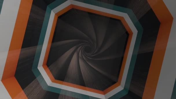 Flyger genom geometriska hypnotiska tunnel med svart, brun, orange ränder, sömlös slinga. Animation. Vacker roterande virvel med färgglada rutor. — Stockvideo