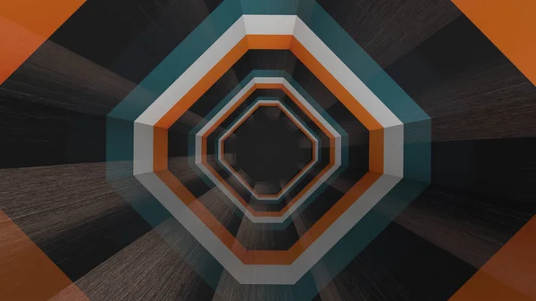 黒、茶色、オレンジ色のストライプ、シームレスループで幾何学的な催眠トンネルを飛ぶ。アニメーション。カラフルな正方形の美しい回転渦. — ストック写真