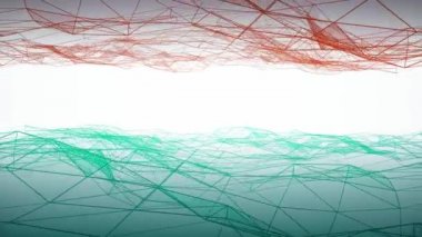 Soyut mavi ve kırmızı bulutlar beyaz arka plan üzerinde sallayarak üçgenler bağlı. Animasyon. Hareketli üçgen konuları ile geometrik arka plan, kesintisiz döngü.