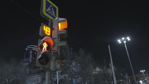 Нижний вид на светофор в городе ночью на темном фоне неба. Начали. Сигнал остановки для пешеходов в холодную погоду . — стоковое видео
