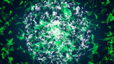 Koyu mavi arka plan üzerinde beyaz ve yeşil renklerin soyut kaotik hareketli çokgenler. Animasyon. Dönen ve parlayan, kesintisiz döngü küçük üçgenlerin yeşil küre.