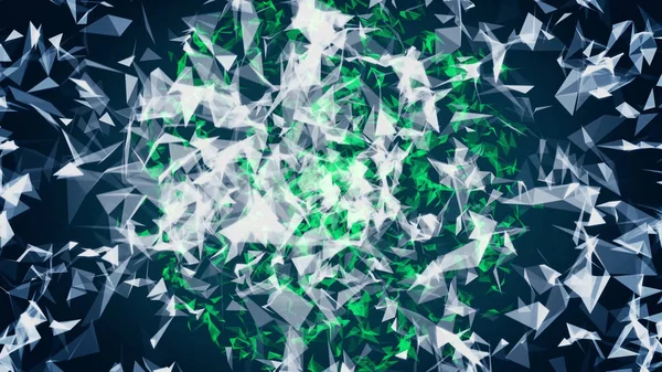 Abstract chaotically moving polygons of white and green colors on dark blue background. Animation. Green sphere of small triangles rotating and glowing, seamless loop. — Stock Photo, Image