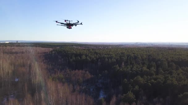 Antenn för drönarkameran som flyger på himlen över löv-och barrskog på blå himmel bakgrund. Klipp. Spinning Quadcopter blad, slow motion. — Stockvideo