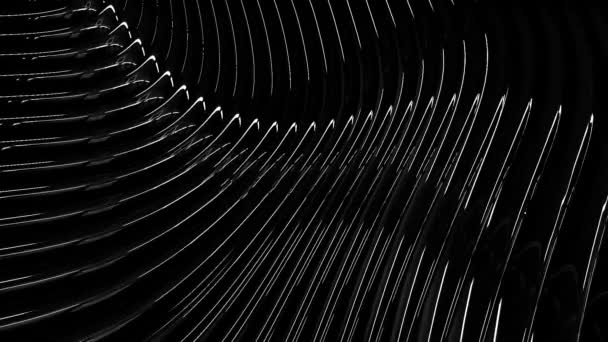 Graphic monochrome background of flowing lines in dynamic waves motion, white on black. Animation. White narrow stripes of light bending, seamless loop. — Stock Video