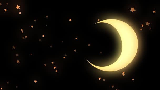 Golden glowing crescent and many stars on black background, night sky. Animation. Beautiful yellow half moon and many small strars on black background. — Stock Video