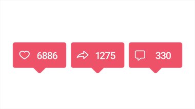 Beyaz arka plan, popülerlik kavramı izole beğeni, reposts ve yorum sayısı nın giderek arttığı sosyal medya kırmızı simgeler. Animasyon. Beyaz ekranda sayaç simgesi animasyonu.