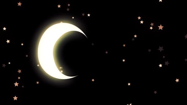 Golden glowing crescent and many stars on black background, night sky. Animation. Beautiful yellow half moon and many small strars on black background. — Stock Video