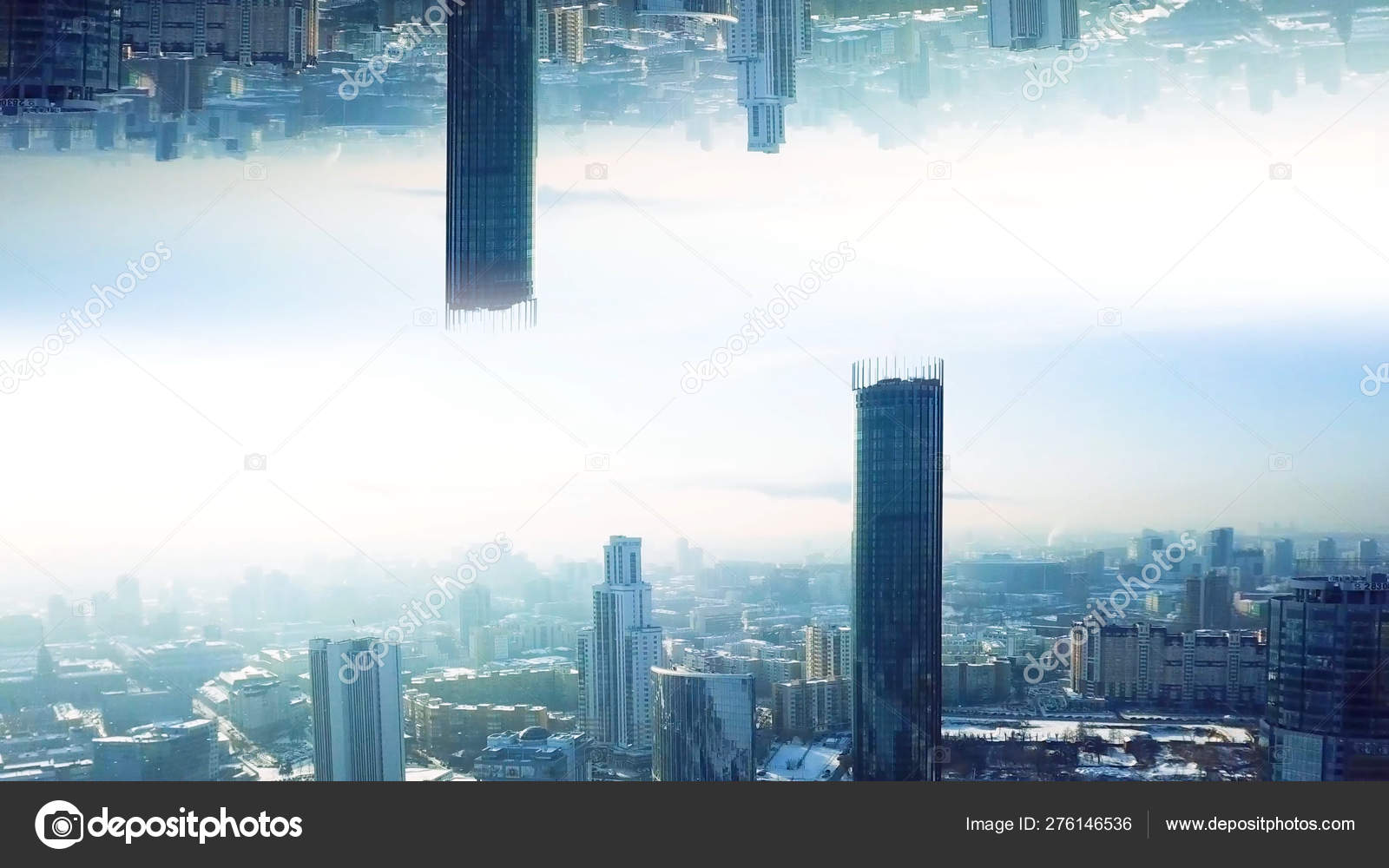 Modern city with mirror effect. Stock footage. Abstract animation with