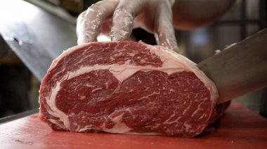 Eldivenli kasap, kırmızı et gövdesini keser. Başla. Kasap dükkanında büyük bir parça et kesen profesyonel bıçağın yakın çekimi.