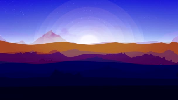 青い夕日の空の背景、抽象的な自然の風景。アニメーション。夜明けの太陽の光、美しいオレンジ、紫と青の風景と移動茂みや丘. — ストック動画