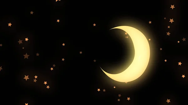 Golden glowing crescent and many stars on black background, night sky. Animation. Beautiful yellow half moon and many small strars on black background. — Stock Photo, Image