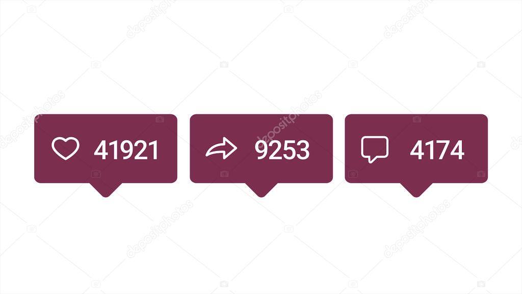 Social media violet icons with reducing number of likes, reposts and comments isolated on white background, popularity concept. Animation. Counter icon animation on white screen.