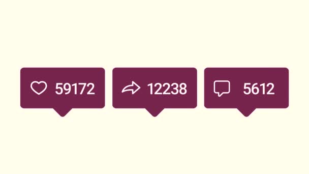 Фиолетовые иконки социальных сетей с уменьшением количества лайков, репостов и комментариев, выделенных на белом фоне, концепция популярности. Анимация. Анимация значка счетчика на белом экране . — стоковое видео