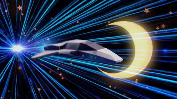 Futuristic tunnel with blue neon light rays and a space ship making a jump. Animation. Jump in time and space of a grey high-speed ship in blue light with shining yellow crescent. — Stock Video