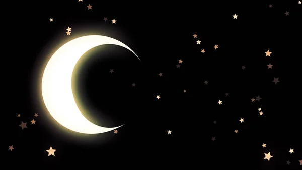 Golden glowing crescent and many stars on black background, night sky. Animation. Beautiful yellow half moon and many small strars on black background. — Stock Photo, Image