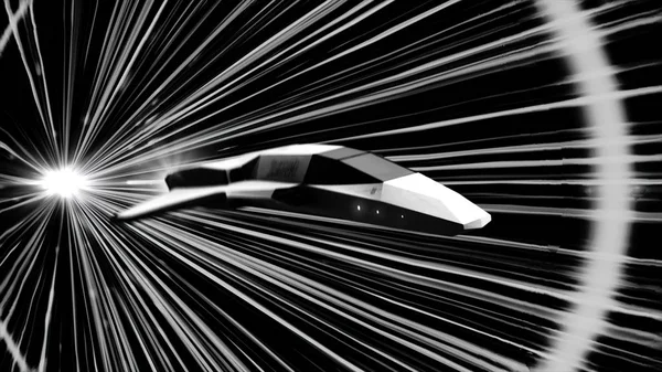 Futurista voando máquina abstrata no espaço e brilhando listras de luz branca no fundo preto, monocromático. Animação. Nave espacial de condução rápida no túnel sci fi, coridor, conceito de futuro . — Fotografia de Stock