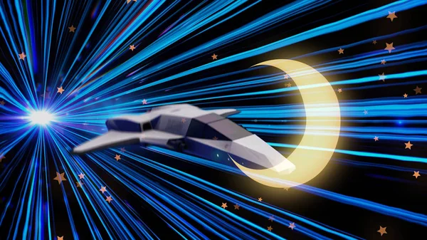 青いネオン光線とジャンプを作る宇宙船と未来的なトンネル。アニメーション。輝く黄色の三日月と青い光の灰色の高速船の時間と空間でジャンプ. — ストック写真