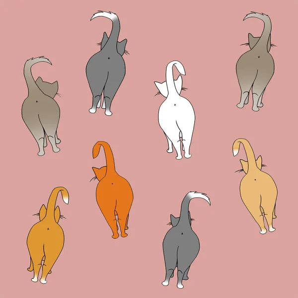 Rear view of funny cartoon cats on pink background, animals concept. Art. White, grey, brown kitties with their tails up in the air — Stock Photo, Image