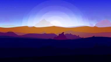 Mavi gün batımı gökyüzü arka plan, soyut doğa manzara. Animasyon. Şafak güneş ışığı, hareketli çalılar ve tepeler ile güzel turuncu, mor ve mavi sahne.