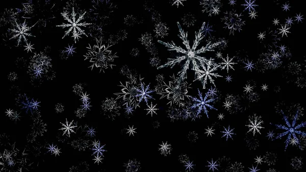 Зимние белые и синие снежинки, падающие вниз и вверх на черном фоне, безмордые лапки. Анимация. Абстрактный снегопад в бесконечном движении . — стоковое фото