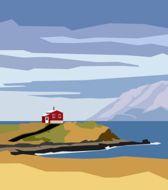 Güzel deniz ve dağ ile karikatür manzara. Sahilde duran yalnız ev, doğada minimalizm