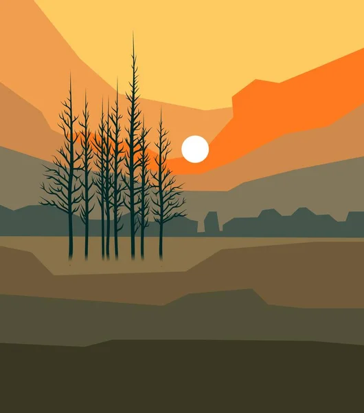 Sonnenuntergang hinter Bäumen in orange leuchtenden Farben, Minimalismus-Stil. Cartoon-Landschaft mit Sonne über dem Horizont — Stockfoto