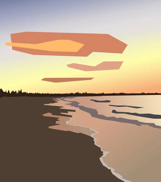 Vista lateral de la puesta de sol de dibujos animados y playa de arena. Ilustración colorida de la orilla del mar al atardecer, fondo nublado del cielo en estilo minimalista —  Fotos de Stock