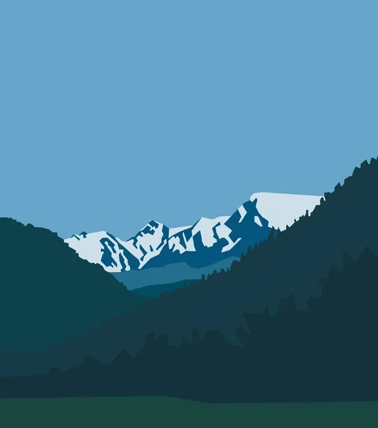 Schöne Cartoon-Landschaft mit einem schneebedeckten Berg und dem Wald vor türkisblauem Himmel. Winter Rock Picks, Minimalismus in der Natur — Stockfoto