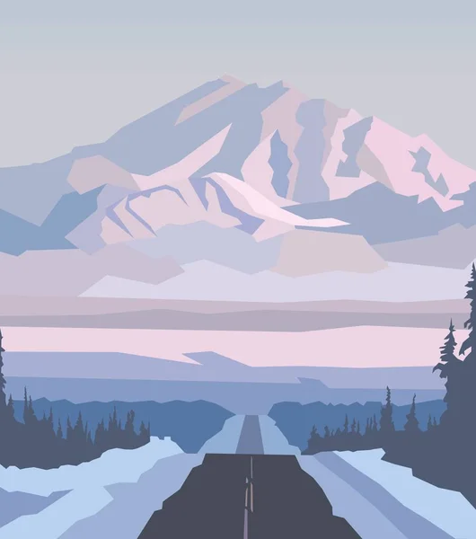 Camino a la montaña nevada, minimalismo en la naturaleza. Paisaje de dibujos animados con carretera vacía y roca alta de invierno —  Fotos de Stock