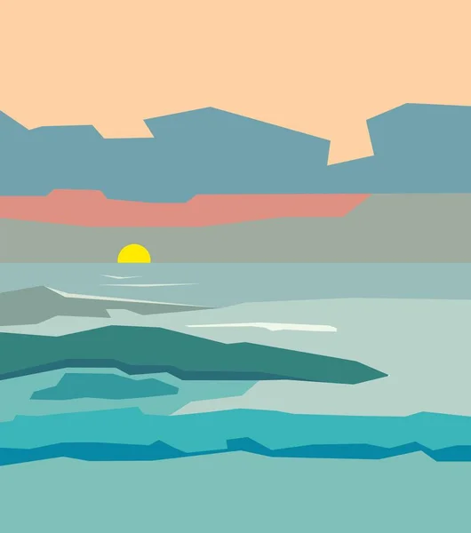 Abstrakte minimalistische Landschaft mit wolkenverhangenem Himmel, bei dem die Sonne bis zum Meer untergeht. Schöne Cartoon-Landschaft der Natur im Sommer — Stockfoto