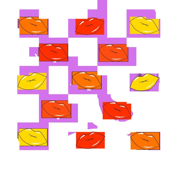 Múltiples labios coloridos aislados sobre fondo blanco, componen el concepto. Art. Lápiz labial naranja, amarillo y rojo para labios de dibujos animados sensuales —  Fotos de Stock