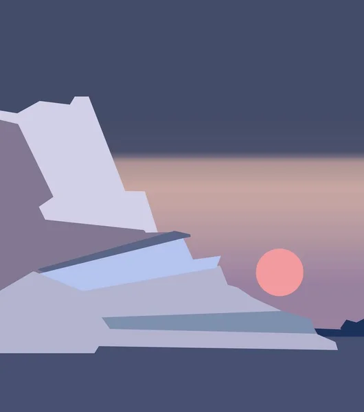 Prachtige zeegezicht met donker blauwe gletsjers op het wateroppervlak, uitzicht vanaf de kust. Kleurrijke abstracte zonsondergang illustratie in minimalisme kunststijl — Stockfoto