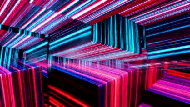 Αφηρημένοι πολύχρωμοι κύβοι κινούνται αργά, απρόσκοπτα βρόχος. Κινούμενα σχέδια. Μαύρο 3D αριθμούς κύβου με πολλές στενές γραμμές νέον φως των διαφορετικών χρωμάτων. — Αρχείο Βίντεο