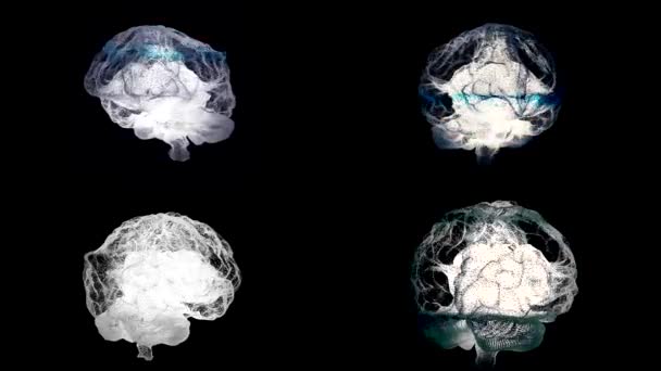 Cuatro cerebros girando con resonancia magnética sobre fondo negro, concepto de salud. Animación. Cerebro humano, hemisferios derecho e izquierdo durante el procedimiento médico, bucle sin fisuras . — Vídeo de stock
