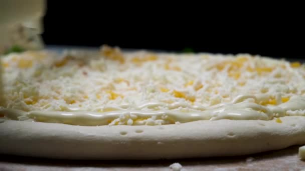 Cierre para las manos en guantes de cocina añadiendo salsa de mayonesa de la botella a la pizza fresca antes de hornear, concepto de alimentos. Una trampa. Cocinar exprimiendo la salsa blanca en la pizza . — Vídeos de Stock