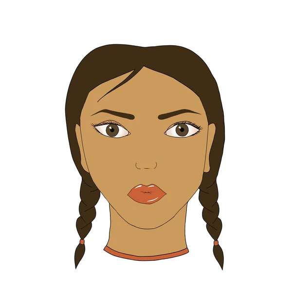 Close up for the cartoon face of a beautiful young brown haired woman with big red sensual lips isolated on white background. Art. A head of a girl with two braids.