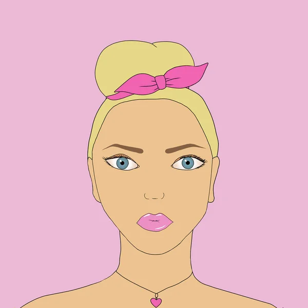 Belle femme blonde dessin animé élégant, concept cosmétique de mode et de beauté. L'art. Jeune fille visage avec les yeux bleus et les lèvres roses avec un bel arc dans ses cheveux . — Photo