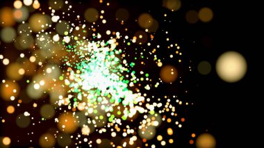 Siyah arka plan üzerinde parlayan soyut yeşil ve altın Bengal ateşi. Animasyon. Güzel parıltılı ışıklar, birçok küçük parlayan daire, yeni yıl konsepti.