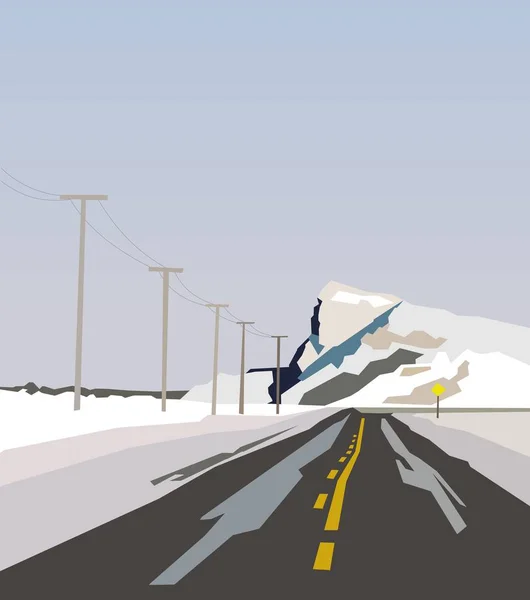 Auf dem Weg in die verschneiten Berge. abstrakte Landschaft im minimalistischen Kunststil mit gerader Straße zu den Winterbergen vor blauem Himmel — Stockfoto