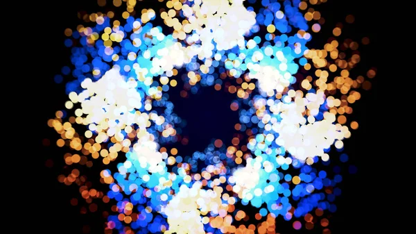 Fuegos artificiales bokeh abstractos, hermosos círculos pequeños brillantes que se extienden y vuelan sobre fondo negro, lazo sin costuras. Animación. Muchos pequeños puntos confeti moviéndose en un círculo . — Foto de Stock